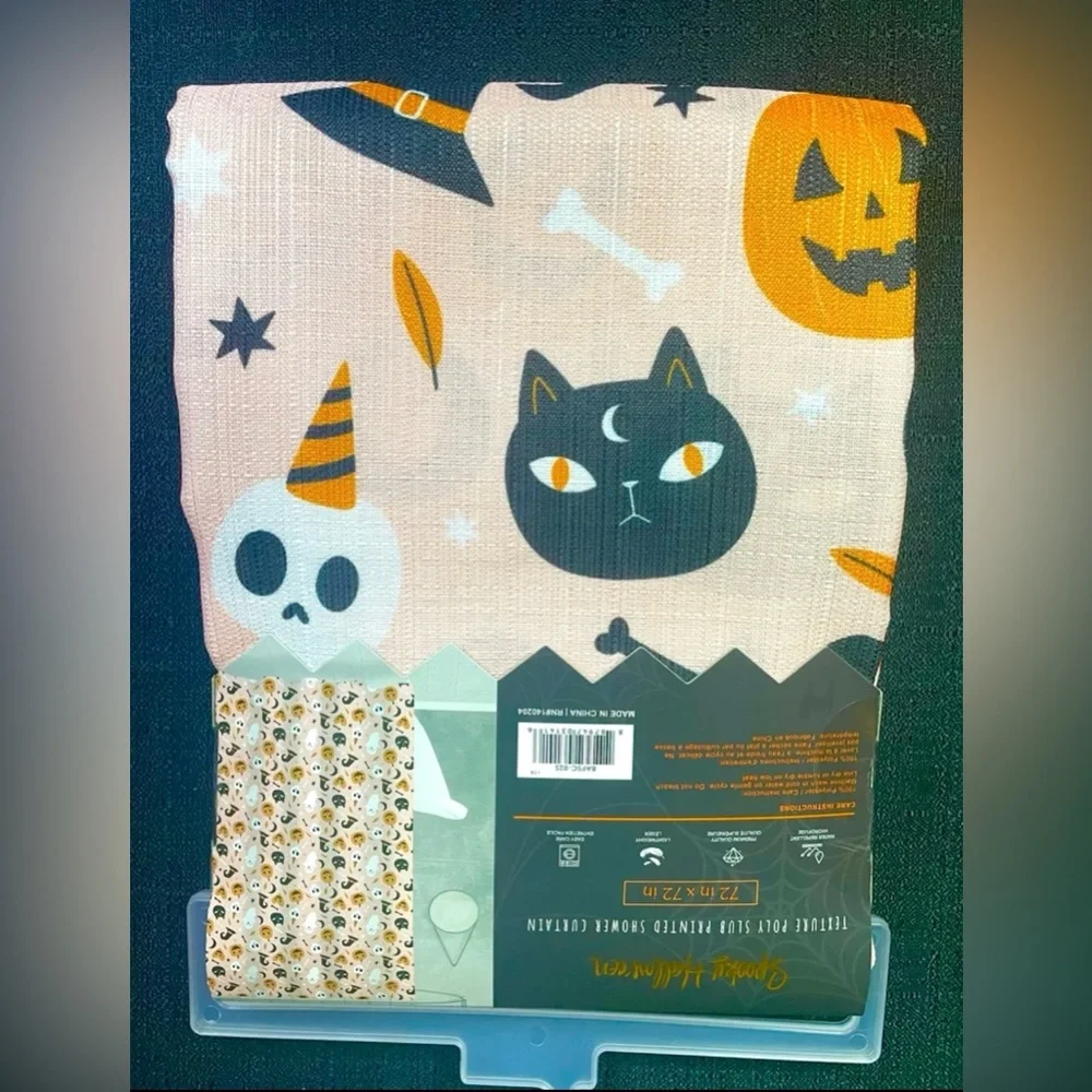 Halloween Shower Curtain~ Faces Black Cats Ghosts Witch’s Hat Decoration NEW NWT